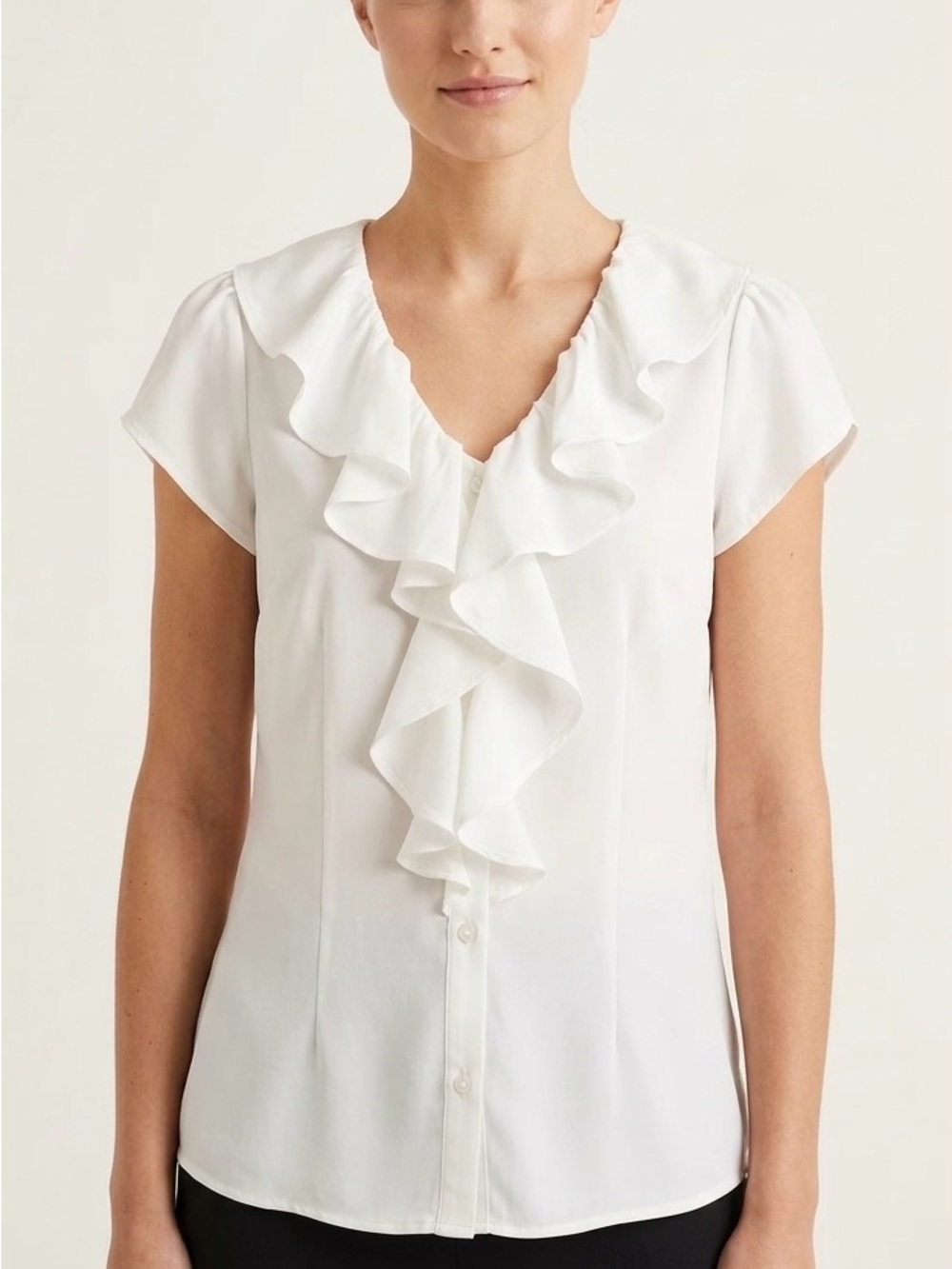 Banana Republic Ruffle V-Neck Blouse Flurry White XXS Petite Elevated Basics